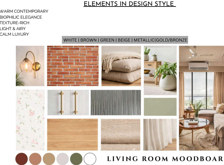 “Luxury living room moodboard with warm contemporary biophilic design, neutral palette and texture-rich materials by Bespoke Studio 7 Chennai