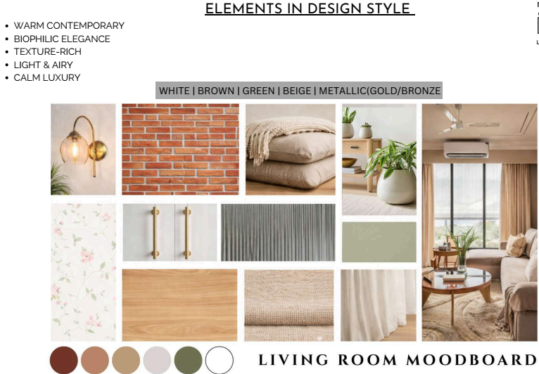 “Luxury living room moodboard with warm contemporary biophilic design, neutral palette and texture-rich materials by Bespoke Studio 7 Chennai